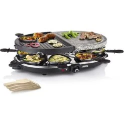 Grill Raclette Oval Con Piastra In Pietra Ollare Per 8 Persone Con 8 Padelline