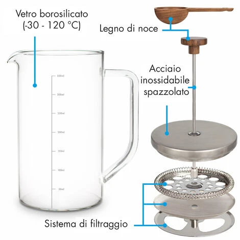 Klarstein Glaswerk Ristretto, French Press, 0,35 L, Vetro Borosilicato, Acciaio Inox, Legno Di Noce 7 Klarstein Glaswerk Ristretto, French Press, 0,35 L, Vetro Borosilicato, Acciaio Inox, Legno Di Noce - immagine 5