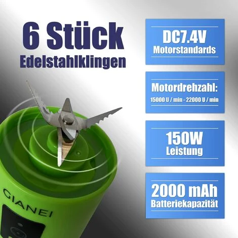 Mini Frullatore USB Portatile - Mini Frullatore Da Cucina Multifunzionale, Frullatore Per Frullati Di Frutta E Verdura Con Custodia Per Il Trasporto. 400 Ml, 6 Lame In Acciaio Inox 6 Mini Frullatore USB Portatile - Mini Frullatore Da Cucina Multifunzionale, Frullatore Per Frullati Di Frutta E Verdura Con Custodia Per Il Trasporto. 400 Ml, 6 Lame In Acciaio Inox - immagine 4