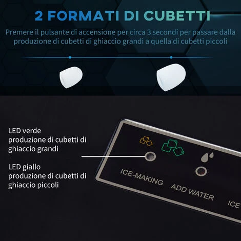 HOMCOM Macchina Per Il Ghiaccio Autopulente Con 2 Dimensioni Di Cubetti, 15kg In 24h, Serbatoio 2.1L 7 HOMCOM Macchina Per Il Ghiaccio Autopulente Con 2 Dimensioni Di Cubetti, 15kg In 24h, Serbatoio 2.1L - immagine 5